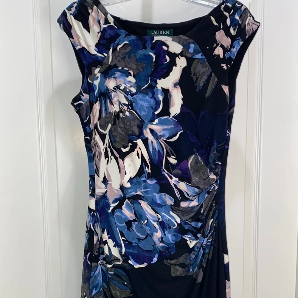 Lauren Ralph Lauren Navy Floral Cap-Sleeve Dress size 8 fully lined - Picture 2 of 12